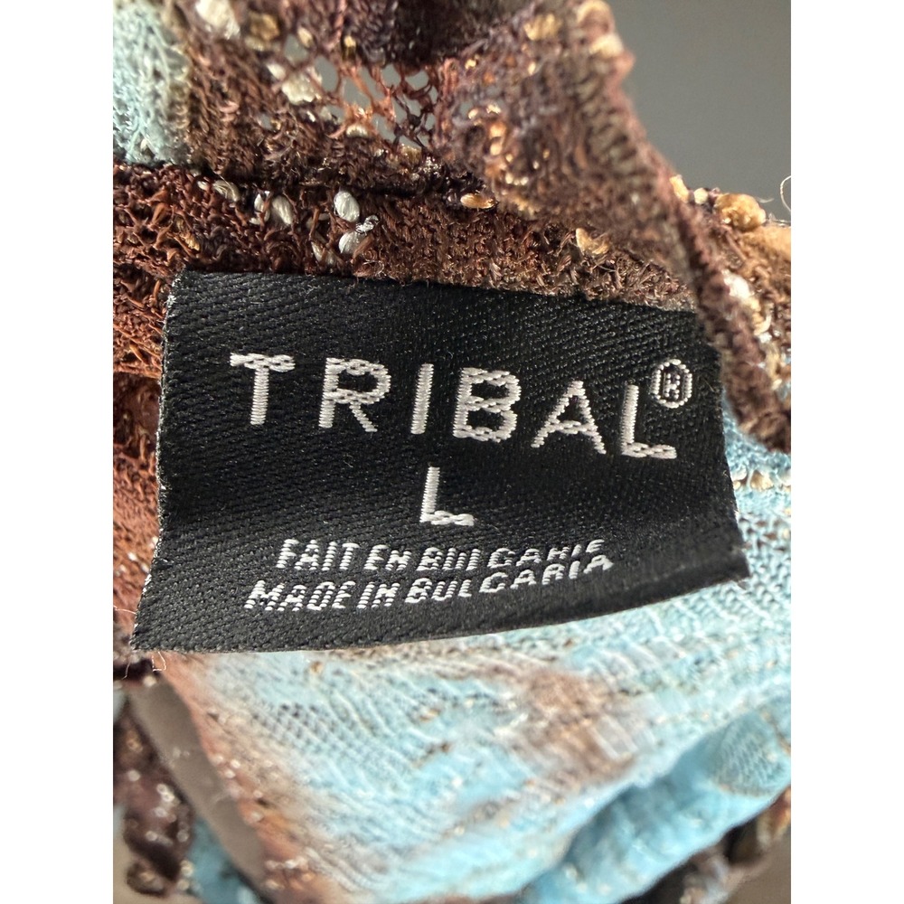 Tribal Women Brown Blue Floral Lace V-Neck Long Sleeve Top L 41810-468 - Picture 6 of 8